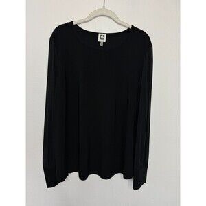 Anne Klein XL Black Long Sheer Sleeve Top Round Neck Smocked Cuffs Office Work